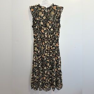 Gibsonlook XL Black Floral Tiered Midi Dress Sweetheart Pin Dot Flutter Sleeve